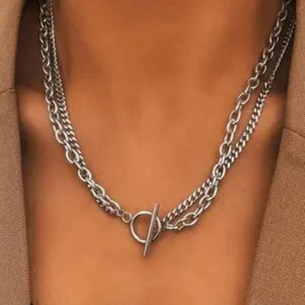 Luxe Silver Tone Stainless Steel Chunky Chain Statement Necklace